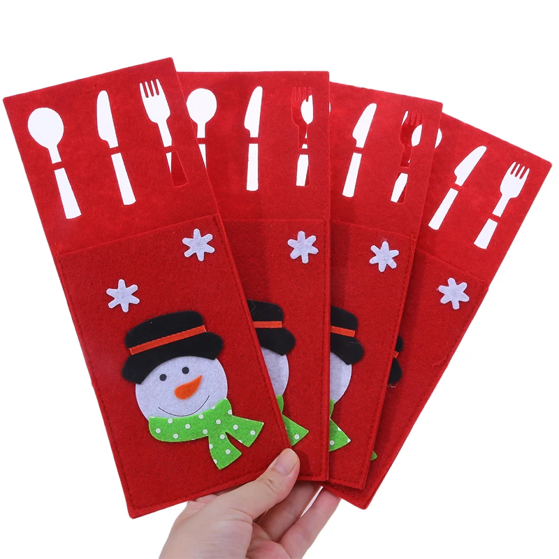 

4pcs Christmas Fork Knife Cutlery Bag Pocket Santa Snowman Elk Pattern Tableware Holder Bag For Christmas Dinner Table Decor
