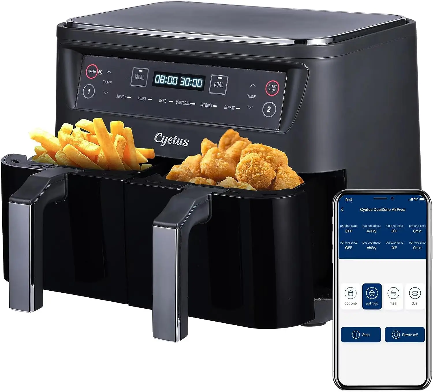 Smart Double Air Fryer 2 Baskets 8 Quart XL, Dual Zone Independent Cooking, Clear Cook Window, App with Recipe, Remote Control,
Smart Double Air Fryer 2 Baskets 8 Quart XL, Dual Zone Independent Cooking, Clear Cook Window, App with Recipe, Remote Control,