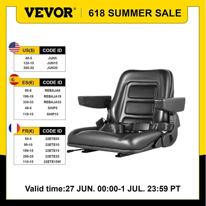 VEVOR Universal Seat Fit for Forklift Tractor Mower PVC Cover Foldable With Safety Seat Switch Safe Belt and Adjustable Armrests
VEVOR Universal Seat Fit for Forklift Tractor Mower PVC Cover Foldable With Safety Seat Switch Safe Belt and Adjustable Armrests