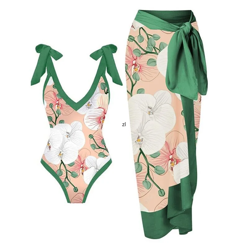 

Slim sexy one piece swimsuit suit 2 piece sets women outfit wrap chest halter swimsuit print beach long skirt suit spring 2023