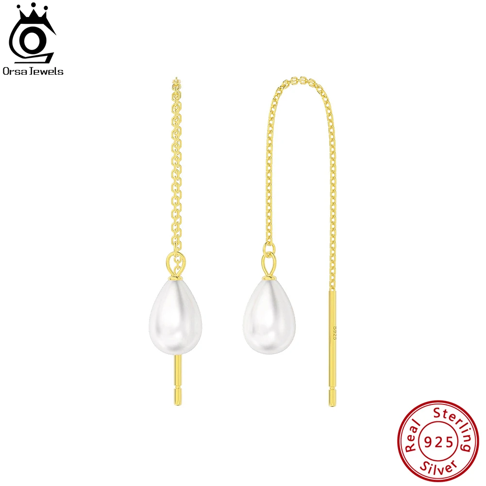 

ORSA JEWELS Natural Pearl Tassel Earrings 925 Sterling Silver 14K Gold Dangle Long Chain Earrings for Women Jewelry GPE75
