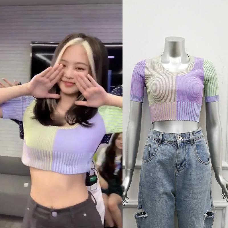 Kpop Korean Singer Summer Women Concert Costume Sexy Knit Short Sleeves T-shirt Slim Crop Tops Street Dance Performance Clothing
Kpop Korean Singer Summer Women Concert Costume Sexy Knit Short Sleeves T-shirt Slim Crop Tops Street Dance Performance Clothing