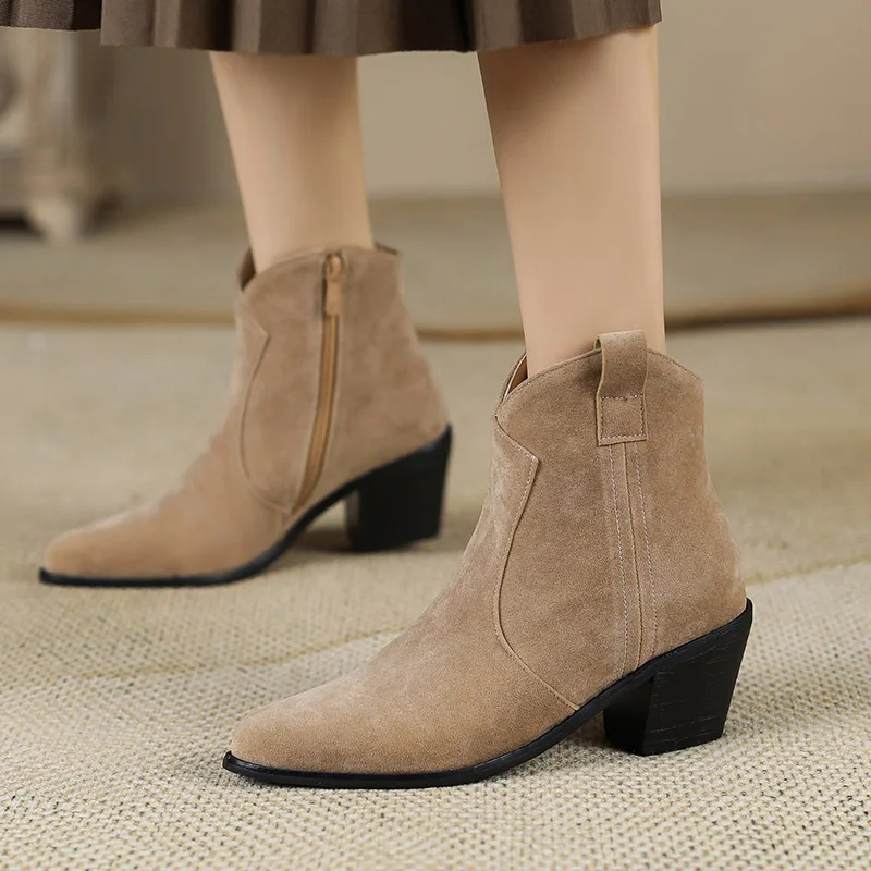 

Phoentin Woman Suede Booty 6cm Chunky Heels Basic Velvet Boots For Ladies Zip Closure Pointed Toe Plus Size 34 ~ 48 FT2965