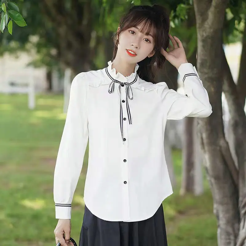 2022 Spring Autumn Blouse Fashion Button Up Shirt Stand Collar Women Casual Bow Long Sleeve Soft Solid Ruffled Chic Tops D96
2022 Spring Autumn Blouse Fashion Button Up Shirt Stand Collar Women Casual Bow Long Sleeve Soft Solid Ruffled Chic Tops D96