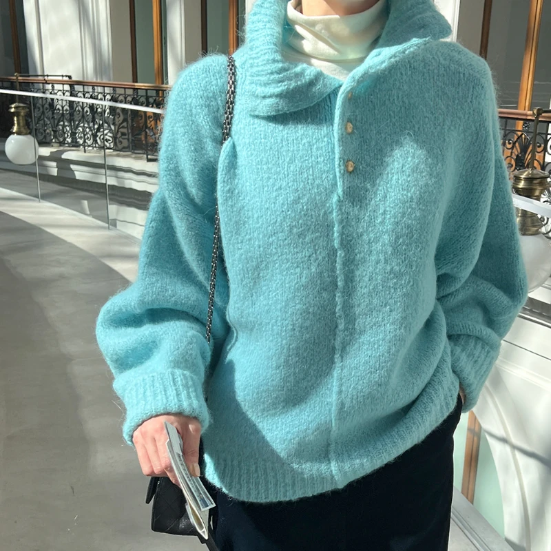 

Turtleneck Botton Pullover Tricot Cashmere Sweater Long Sleeve Sueter Mujer Invierno 2023 Korean Women Blue Casual Blusa Termica
