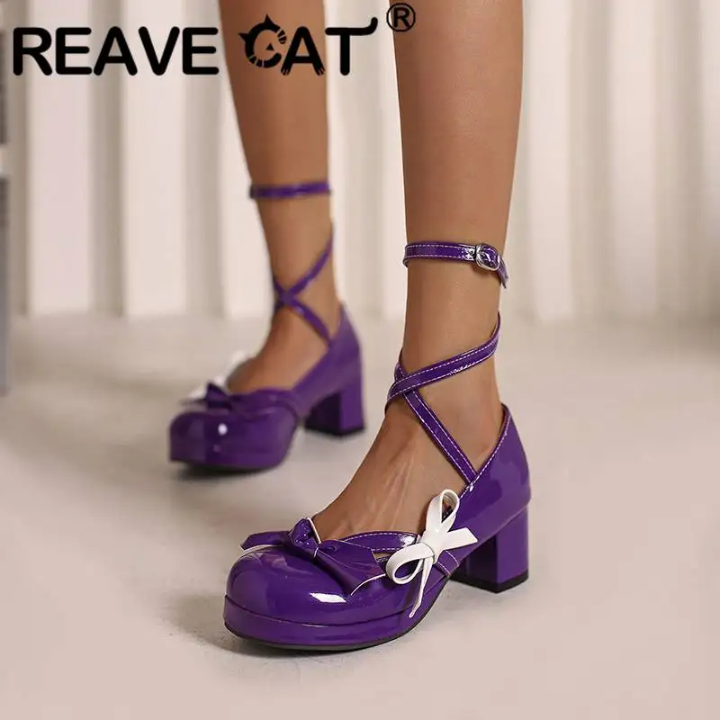 

REAVE CAT Lolita Style Women Pumps Round Toe Thick Heels 5.5cm Crossover Buckle Strap Bowknot Large Size 47 48 Sweet Girls Shoes