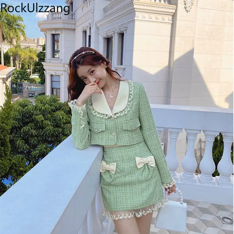 Two Piece Set Frill Lace Pearls Button Up Jacket Tweed Outfit Coat Crop Top + Bow Mini Skirt Suit Women Fall Cute Korean Clothes
Two Piece Set Frill Lace Pearls Button Up Jacket Tweed Outfit Coat Crop Top + Bow Mini Skirt Suit Women Fall Cute Korean Clothes