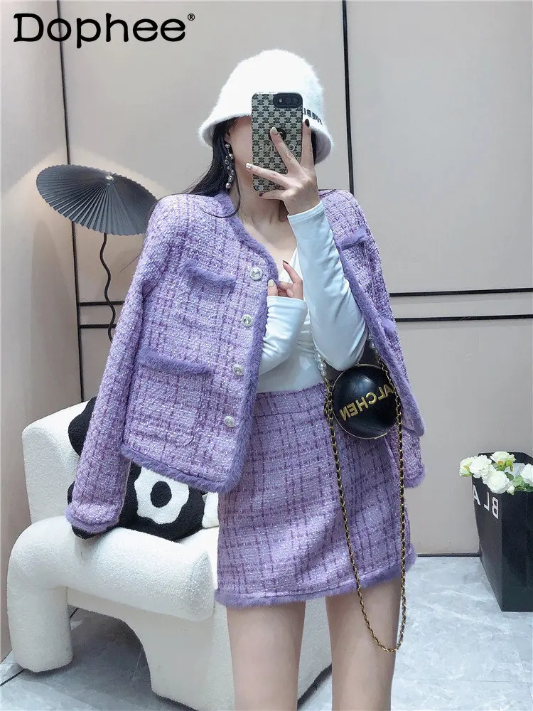 Autumn Winter Woolen Suit Women Outfits Mink Fur Stitching Tweed Quilted Purple Coat A- Line Mini Skirt Female Two-Piece Sets
Autumn Winter Woolen Suit Women Outfits Mink Fur Stitching Tweed Quilted Purple Coat A- Line Mini Skirt Female Two-Piece Sets