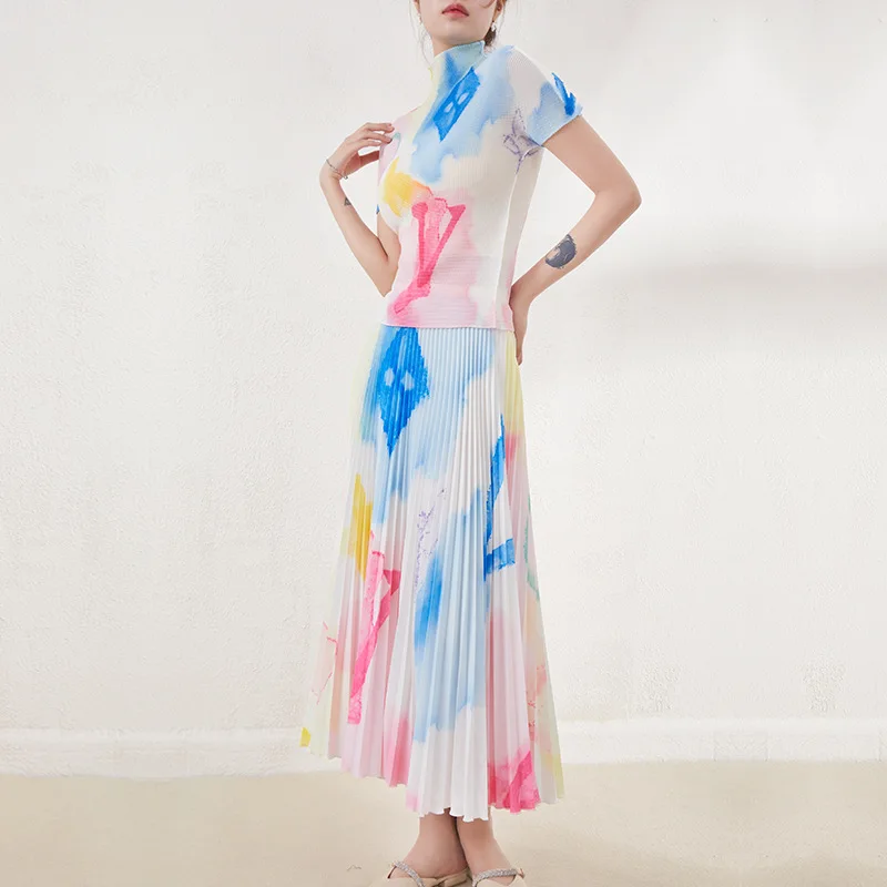Miyake Summer Ladies Fashion Pink Short Skirt Set Short Sleeve Elastic Waist Geometric Print Pleated Skirt Two Piece
Miyake Summer Ladies Fashion Pink Short Skirt Set Short Sleeve Elastic Waist Geometric Print Pleated Skirt Two Piece