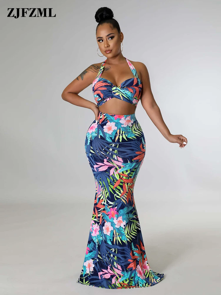 Summer Boheian Beach Two Piece Dress Sets Floral Leave Print Halter Backless Crop Top and High Waist Mermaid Skirt Matching Suit
Summer Boheian Beach Two Piece Dress Sets Floral Leave Print Halter Backless Crop Top and High Waist Mermaid Skirt Matching Suit
