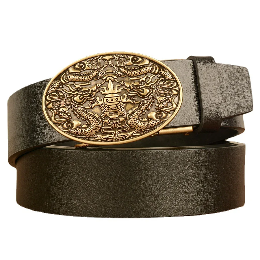 

110-130cm Dragon Pattern Automatic Buckle Men Cowhide Belt Genuine Leather Male Belts Luxury Brand High Quality Waistband Gift