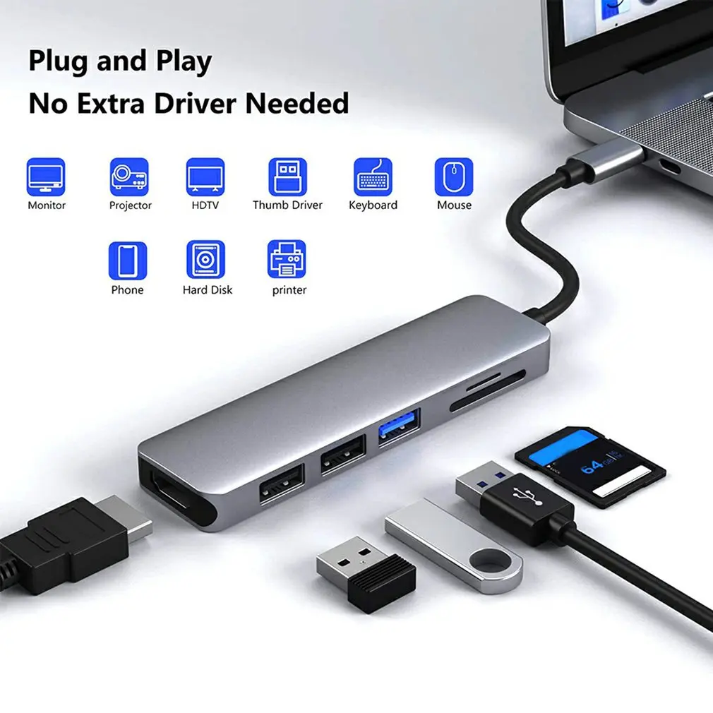 6 In 1 USB Hub For Laptop Adapter PC Computer Charge 6 Ports Dock Station HDMI-Compatible TF/SD Card Notebook Type-C Splitter
6 In 1 USB Hub For Laptop Adapter PC Computer Charge 6 Ports Dock Station HDMI-Compatible TF/SD Card Notebook Type-C Splitter