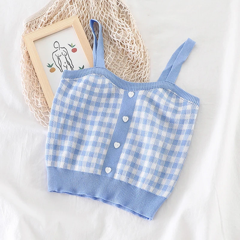 Women Knitted Plaid Crop Tops Female Button Up Tops and Camis Blue Camisole Cute Crop Tops Women 2022 Summer
Women Knitted Plaid Crop Tops Female Button Up Tops and Camis Blue Camisole Cute Crop Tops Women 2022 Summer