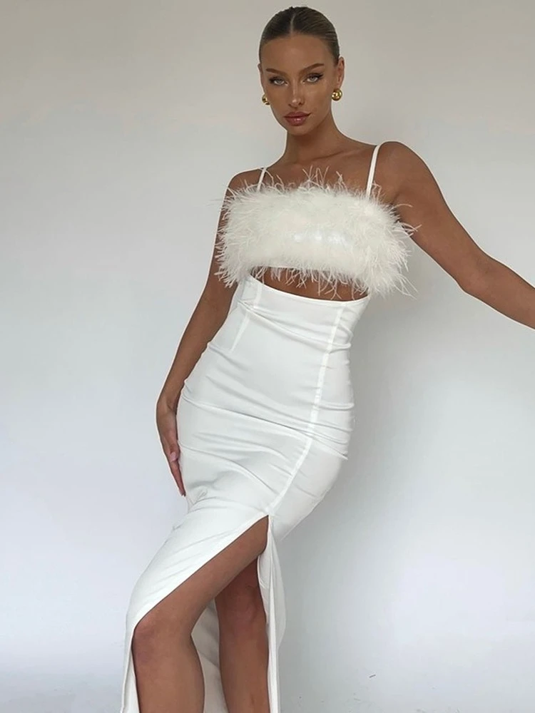 Feather Maxi Dress Elegant White Sleeveless Slim Dress 2022 Women Summer Sexy Cut Out Club Party Dress Strap Split Long Outfits
Feather Maxi Dress Elegant White Sleeveless Slim Dress 2022 Women Summer Sexy Cut Out Club Party Dress Strap Split Long Outfits
