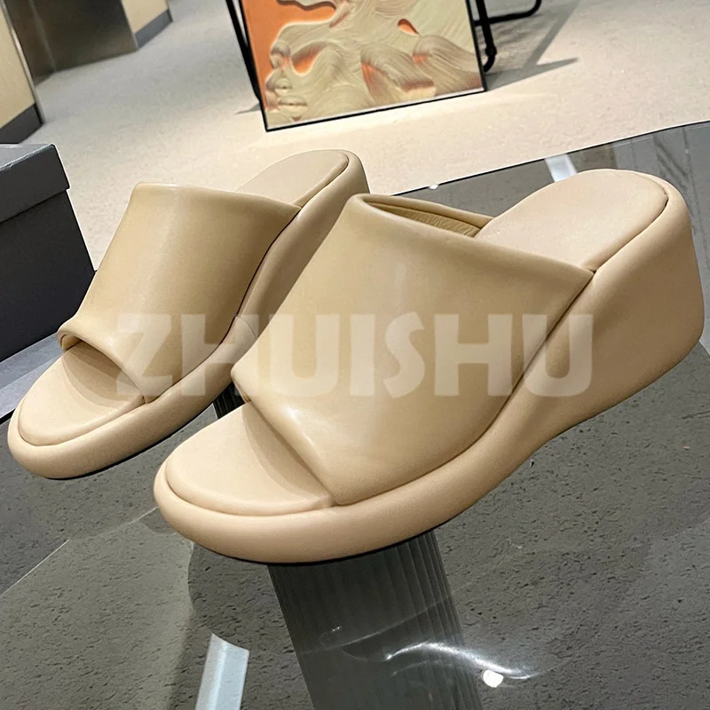 

Women Slippers Summer Genuine Leather Upper Platform Design Round Toe Open Toe Wedges Slippers Concise Versatile Female Shoes