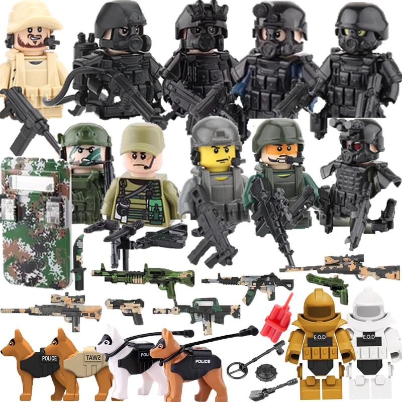 

Военные строительные блоки Solider, фигурки, подарки, игрушки, оружие, пистолеты, спецназ, спецназ, собака, жилет, шлем, Взрывозащищенная одежда MOC