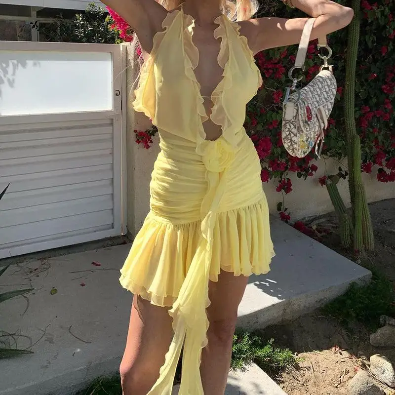 Sexy 3D Flower Ribbon Ruffles Mini Dress Summer Women Clothes V Neck Lace Up Backless Pleated Slim Dresses Club Party Vestidos
Sexy 3D Flower Ribbon Ruffles Mini Dress Summer Women Clothes V Neck Lace Up Backless Pleated Slim Dresses Club Party Vestidos