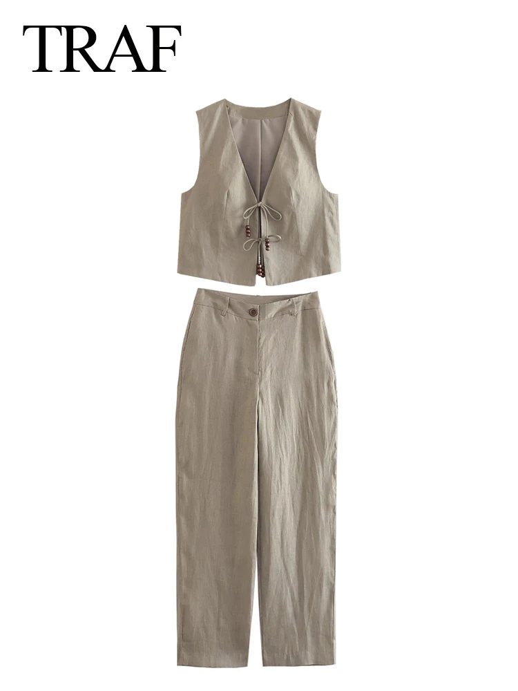 TRAF 2023 Summer Women Elegant Suit Linen Beaded V-neck Cardigan Vest+ High Waist Straight Trousers Women Casual Office Suit
TRAF 2023 Summer Women Elegant Suit Linen Beaded V-neck Cardigan Vest+ High Waist Straight Trousers Women Casual Office Suit