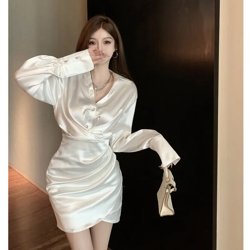 

French Retro Fashion Sexy Mini Shirt Dress Long Sleeve V Neck Slim Waist Irregular Pencil Dress White Coffee Chic Pleated Dress