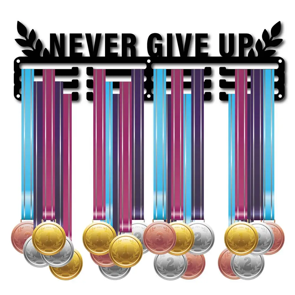 

Never Give Up Medal Holder Hanger Trophy Display Rack Frame Awards Wall Mounteed Sturdy Black Steel Metal 3 Lines for All Sports