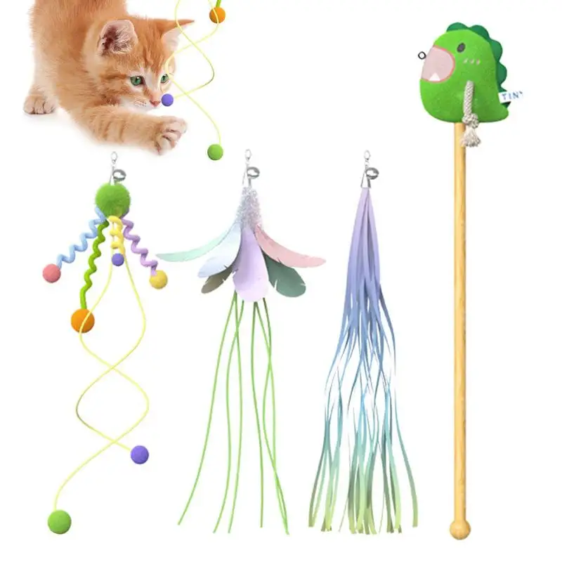 

Cat Wand Set Dinosaur Shape Cat Wand Toy Fluffy Feather With Bell Facial Feather Ball Toy For Cat Kitten Hunting Pet Product