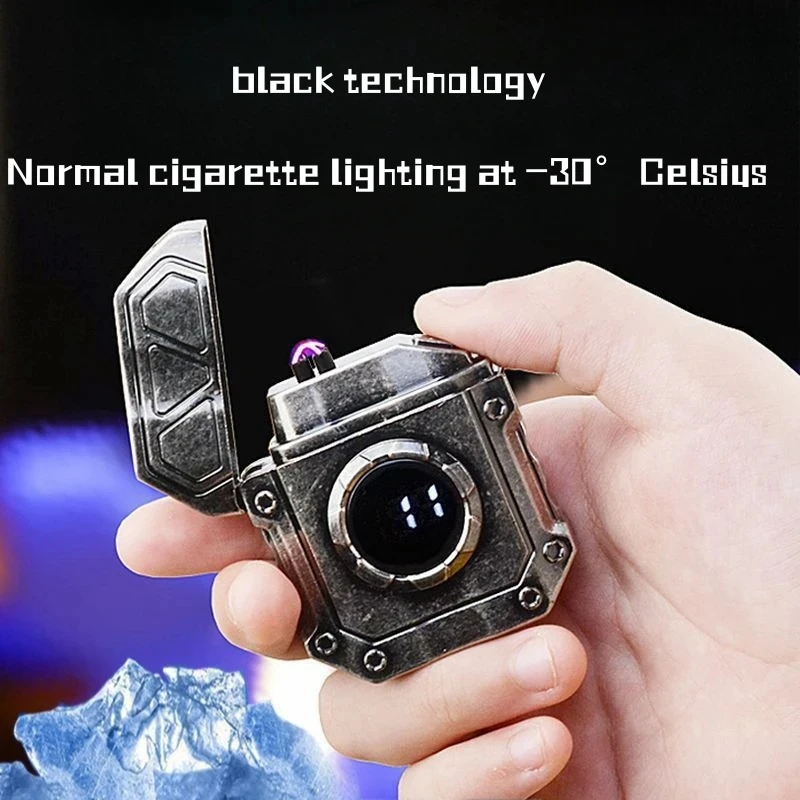

Металлическая ветрозащитная импульсная Электронная зажигалка Mecha в стиле ретро с двойной дугой цифровой дисплей сенсор питания USB Зажигалка подарок для мужчин