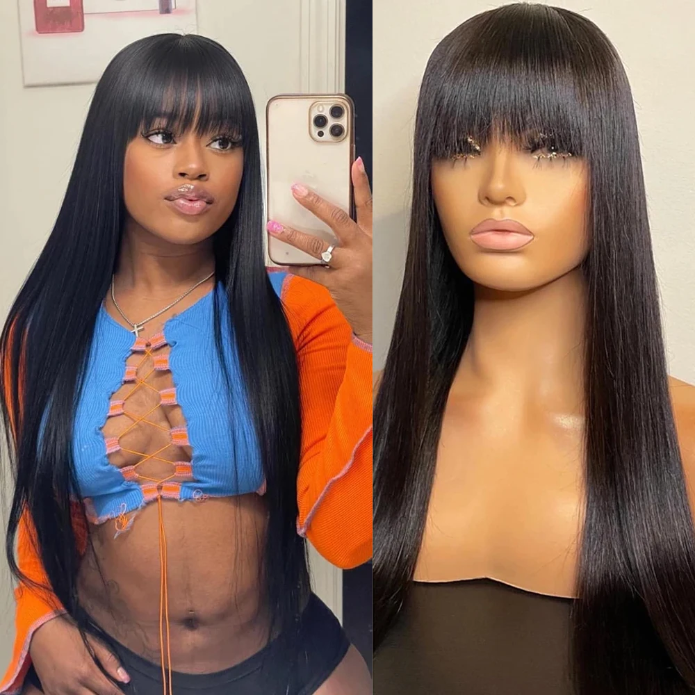 

Straight Wig With Bangs Glueless Brazilian Remy Hair Full Machine 180% Density Fringe Bob Human Hair Wig With Bangs For Women
