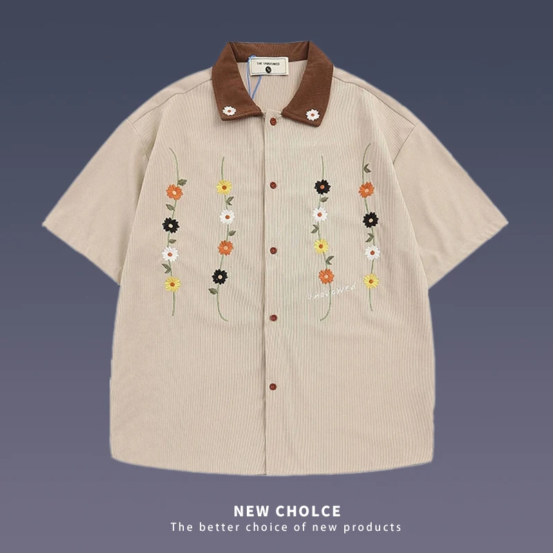 Floral Embroidery Corduroy Shirts Mens Summer Retro Casual Streetwear Lapel Single Breasted Short Sleeve Cargo Shirts For Men
Floral Embroidery Corduroy Shirts Mens Summer Retro Casual Streetwear Lapel Single Breasted Short Sleeve Cargo Shirts For Men