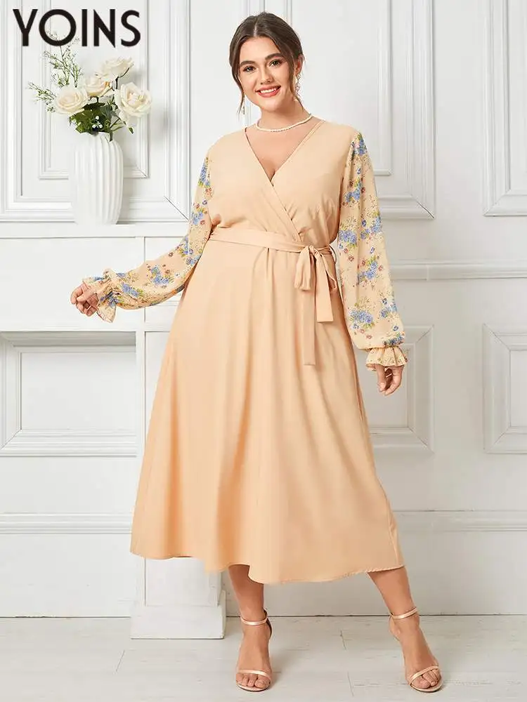 

YOINS Bohemian Floral Printed Long Dress Plus Size 4XL Autumn 2023 Fashion Long Sleeve Belted Robe Casual V Neck Party Vestidos