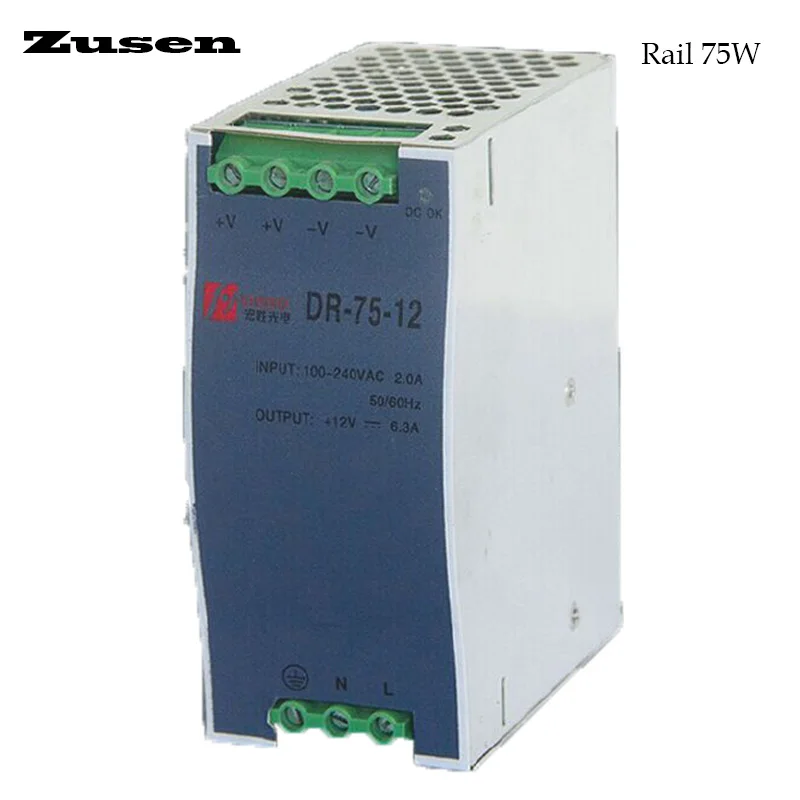 Zusen DR-75W Guide Rail Switching Power Supply Overload Protection 90~264VAC to 6.3A 12V 15V 24V 48VDC
Zusen DR-75W Guide Rail Switching Power Supply Overload Protection 90~264VAC to 6.3A 12V 15V 24V 48VDC