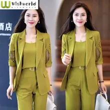 2023 Autumn New Vintage Hollow Short Sleeve Jacket with Tank Top Casual Pants Three Piece Elegant Womens Pants Suit Office Set