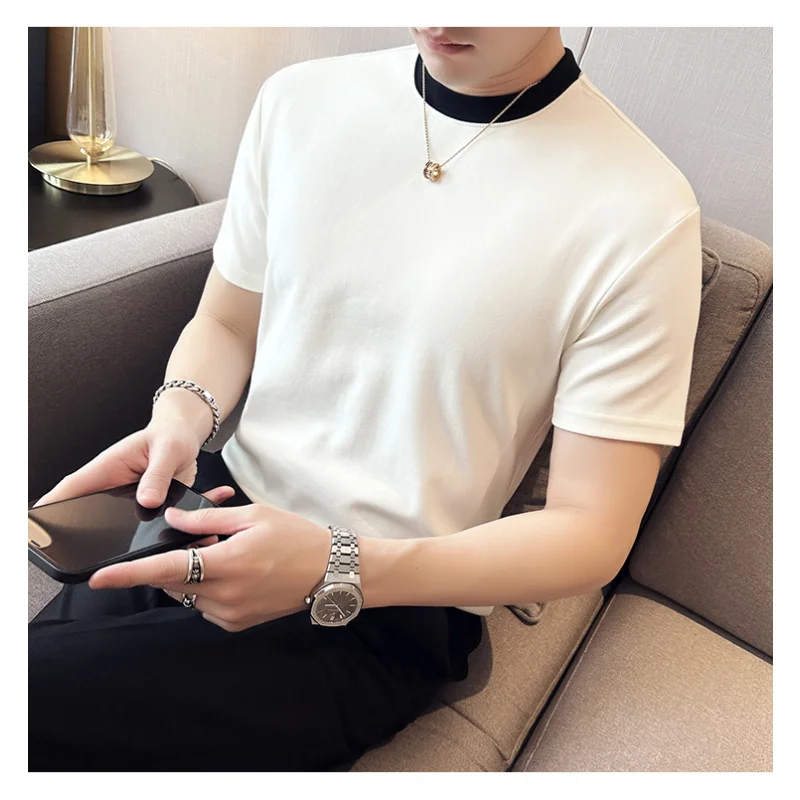 High Elastic Force Fake 2-pcs Neckline Design Short Sleeve Cotton T-shirt Summer O-neck Full Match Solid Color Men T-shirt Tops
High Elastic Force Fake 2-pcs Neckline Design Short Sleeve Cotton T-shirt Summer O-neck Full Match Solid Color Men T-shirt Tops
