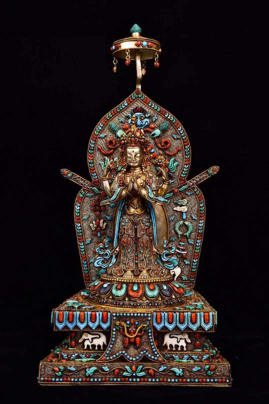 

16"Tibetan Temple Collection Old Tibetan silver Gilt Gem Four-armed Guanyin Buddhist niche Backlight worship buddha Town House