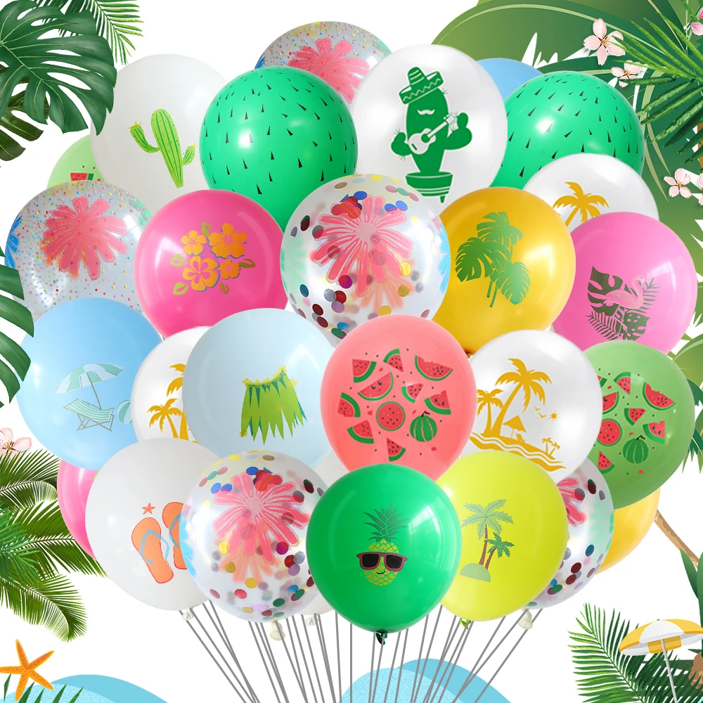 

15Pcs 12Inch Mix Summer Tropical Luau Party Balloons Watermelon Fruit Flamingo Pineapple Palm Leaves Printed Balloon Beach Party