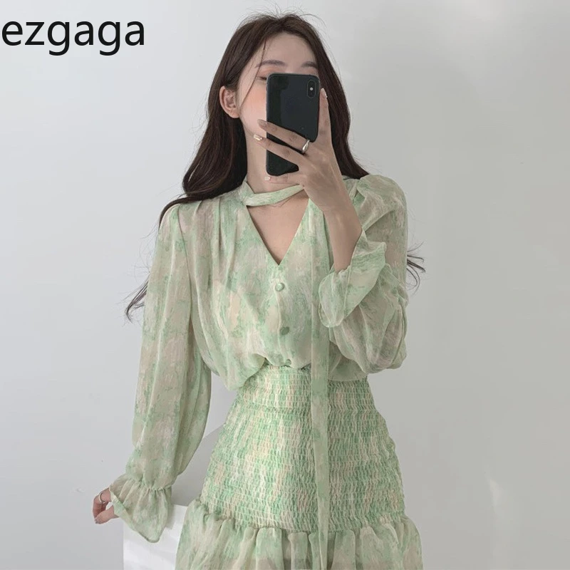 

Chic Printed Bandage Sexy Korean Mini Dress Style Women French Ruched Ezgaga Dresses Ladies Spring 2022 Neck Bloom Fashion