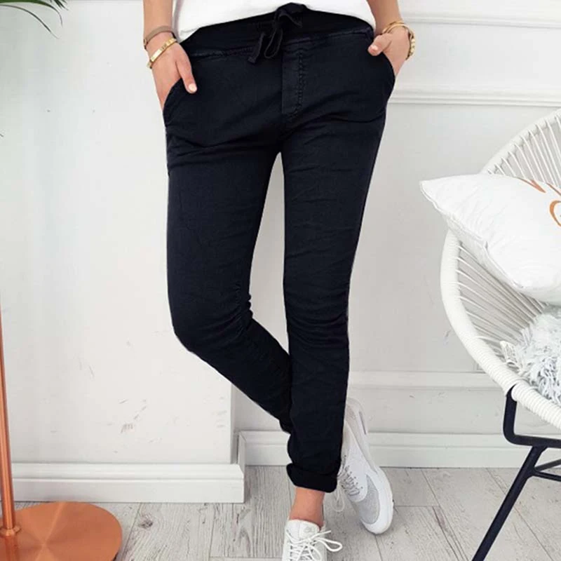

Женские повседневные облегающие брюки-карандаш на шнуровке, модель 2021 года, Модные узкие брюки с карманами и эластичным поясом, женская уличная одежда, популярная одежда