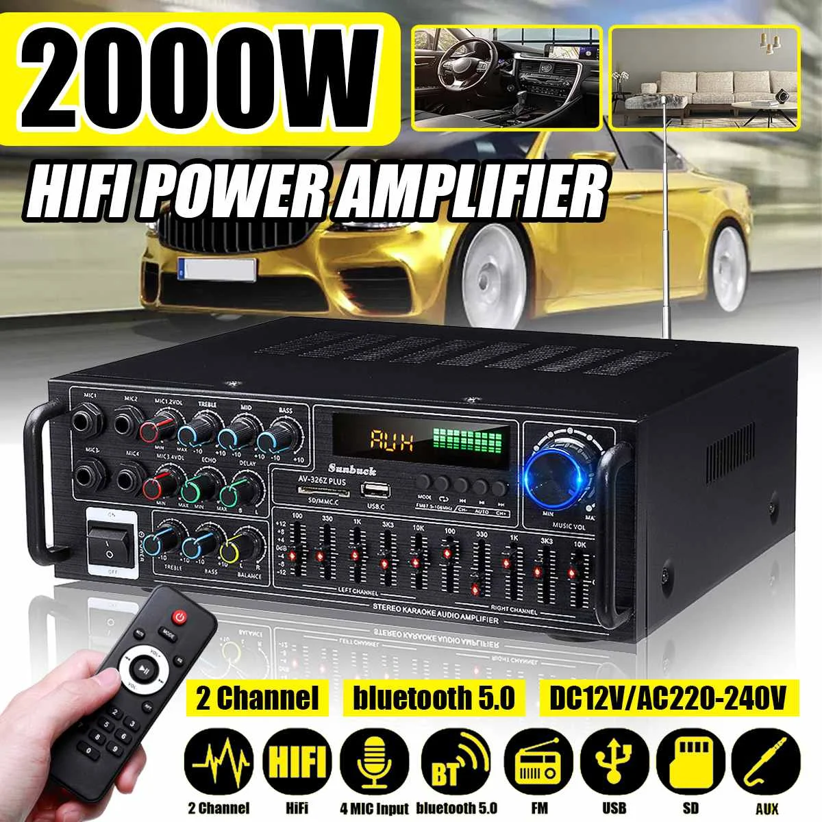 2000W 2CH Colorful LCD Display Home Car bluetooth Stereo Amplifier Surround Sound USB SD FM AUX 4 Mic Home Theater Amplifiers
2000W 2CH Colorful LCD Display Home Car bluetooth Stereo Amplifier Surround Sound USB SD FM AUX 4 Mic Home Theater Amplifiers