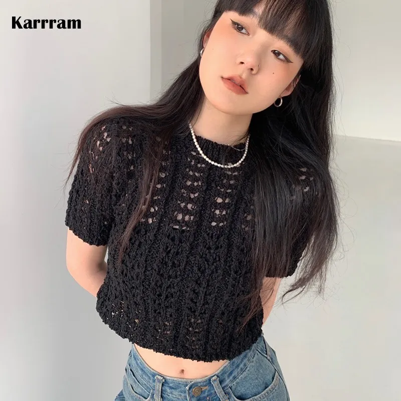 Karrram Hollow Out Knit Crop Tops Korean Fashion Embroidery See Through T-shirt Grunge Japanese Style Tops Vintage Streetwear
Karrram Hollow Out Knit Crop Tops Korean Fashion Embroidery See Through T-shirt Grunge Japanese Style Tops Vintage Streetwear