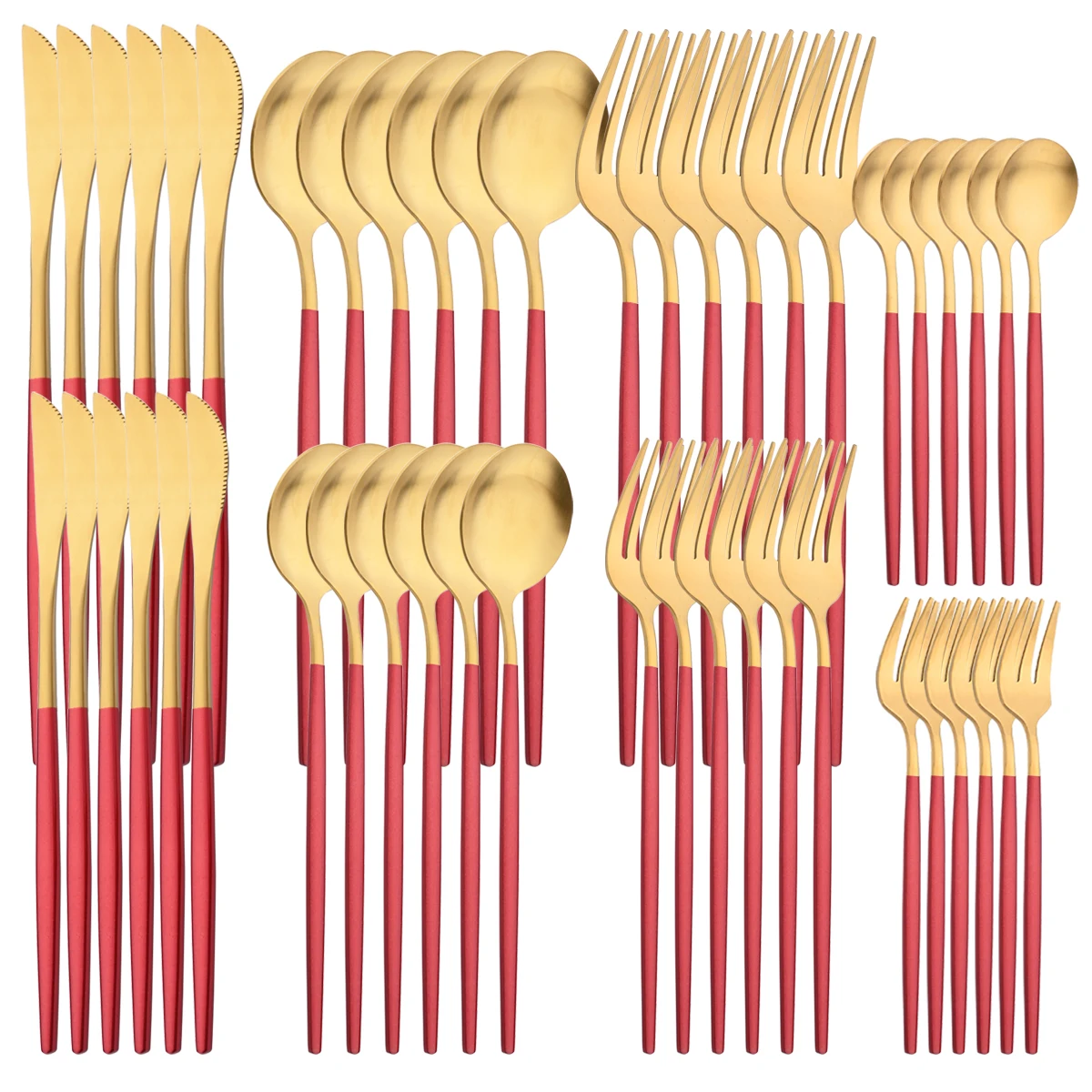 

48Pcs Red Gold Cutlery Set Dessert Knife Fork Tea Spoon Dinnerware Stainless Steel Tableware Flatware Western Kitchen Silverware