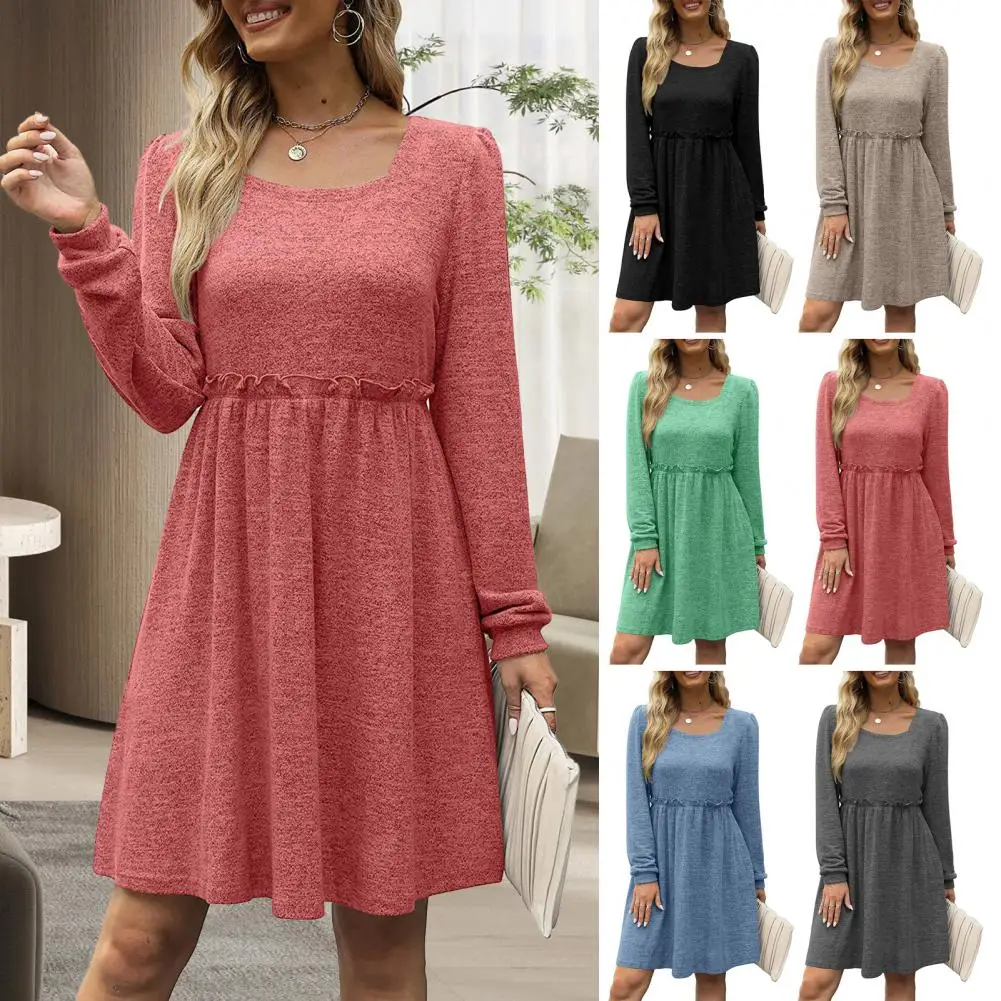 

Women Dress Puff Sleeve Stringy Selvedge Square Collar Breathable Long-Sleeve Mid Waist Casual Dress Lady Garment