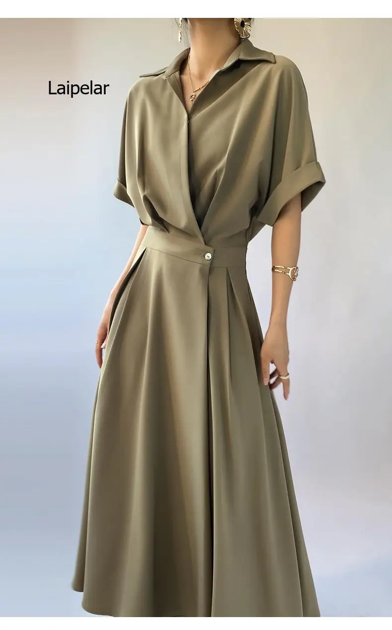 Fashionable Temperament Polo-neck Dresses Women's 2022 Spring and Summer New Solid Color V-neck Waist Thin Mid-length Dress
Fashionable Temperament Polo-neck Dresses Women's 2022 Spring and Summer New Solid Color V-neck Waist Thin Mid-length Dress