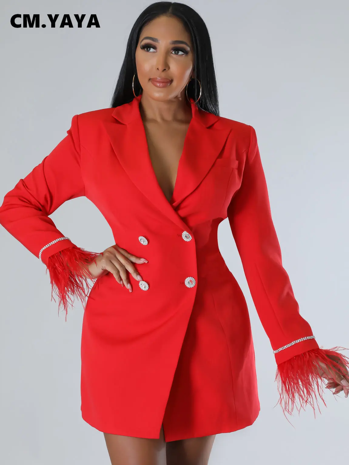 CM.YAYA Elegant Women Feather Diamonds Splicing Long Sleeve Double Breasted Notched Neck Blazer Dress 2022 Autumn Winter Vestido
CM.YAYA Elegant Women Feather Diamonds Splicing Long Sleeve Double Breasted Notched Neck Blazer Dress 2022 Autumn Winter Vestido