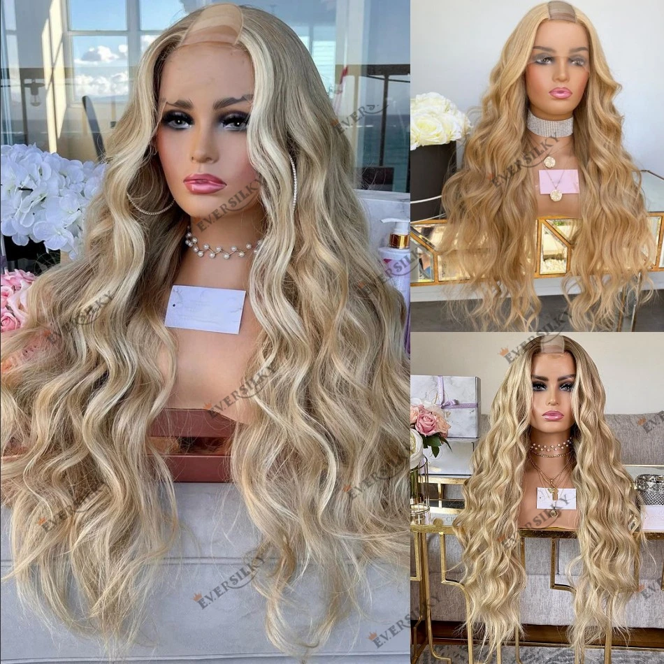 

Blonde Wavy 200 Density Human Hair Highlight Ombre U Part Machine Made Wig for Women Platinum Blonde 1x4 Inches V Part Wigs Remy