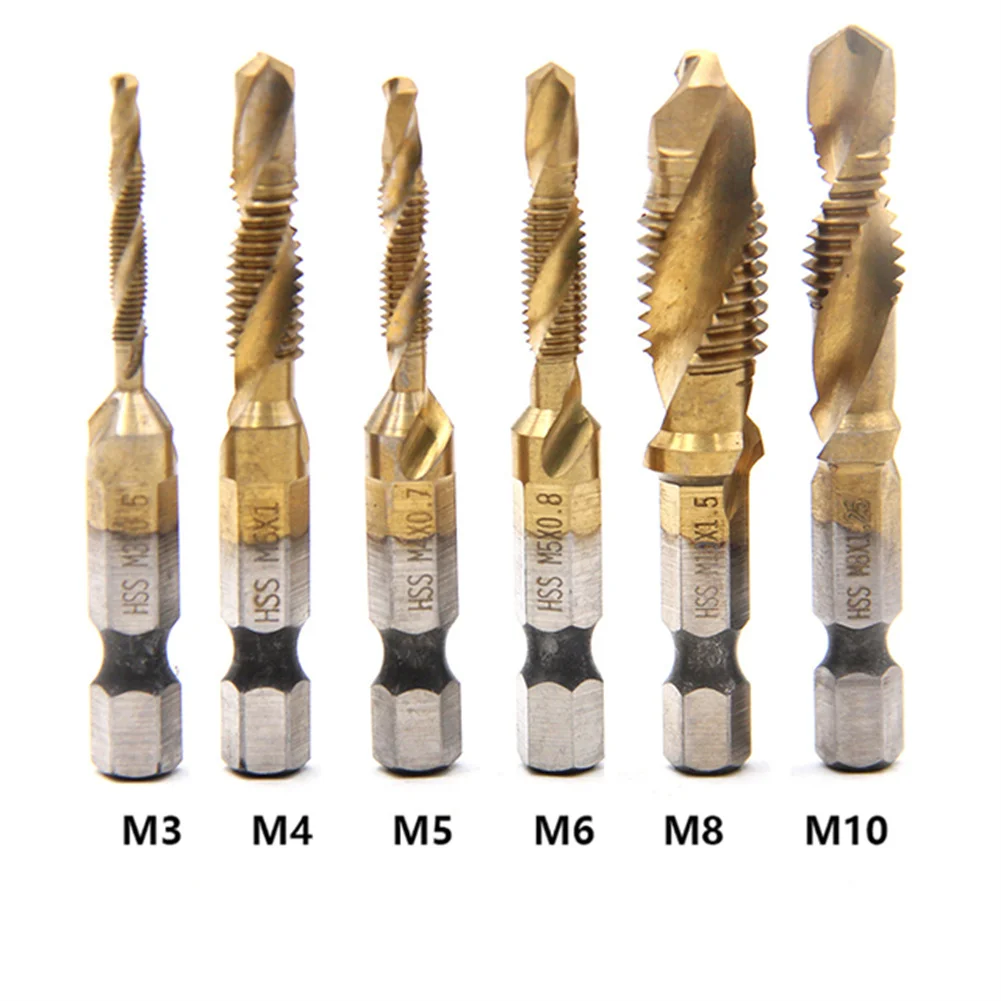 6PCS Tap Drill Bit Hex Shank HSS Titanium Plated Compound Tap M3 M4 M5 M6 M8 M10 Screw Thread Tap Twist Bit Hand Tool DIY Tool
6PCS Tap Drill Bit Hex Shank HSS Titanium Plated Compound Tap M3 M4 M5 M6 M8 M10 Screw Thread Tap Twist Bit Hand Tool DIY Tool