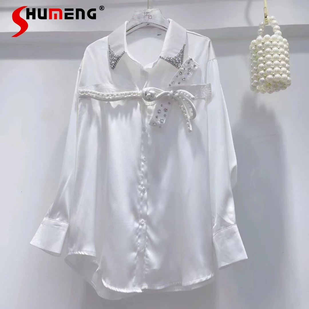 European 2022 Spring New Female Simple Beads Bow Mid-Length Shirt Women's Fashion Sweet Blouses Office Lady Solid Diamonds Top
European 2022 Spring New Female Simple Beads Bow Mid-Length Shirt Women's Fashion Sweet Blouses Office Lady Solid Diamonds Top