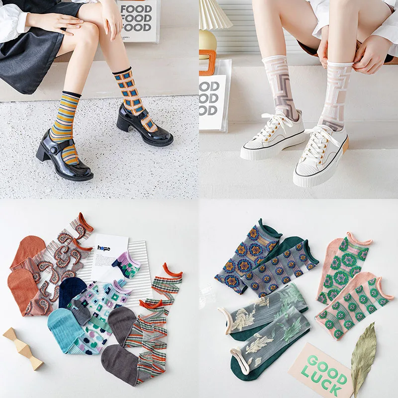 

Summer socks women's socks French art stockings women's thin section AB asymmetric glass card silk tide socks in the tube socks