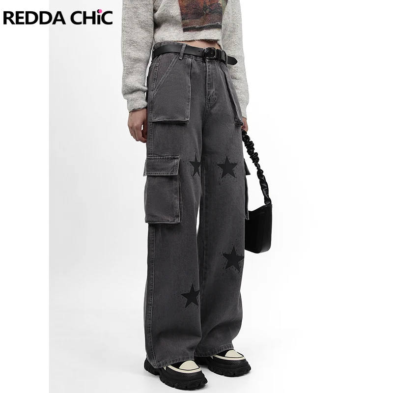

REDDACHiC Harajuku Goth Cargo Pants Women Star Y2k Jeans Wide Leg Retro Gray Baggy Jeans Mom High Rise Trousers Grunge Clothes