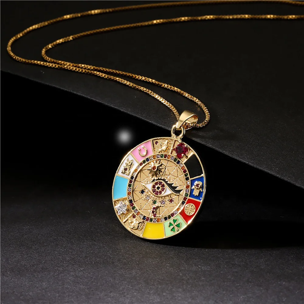 Hot Selling Bohemian Fashion Colorful Cubic Zircon Round Eyes Pendant Necklace Oil Dripping Round Disc Eye Necklace Women
Hot Selling Bohemian Fashion Colorful Cubic Zircon Round Eyes Pendant Necklace Oil Dripping Round Disc Eye Necklace Women