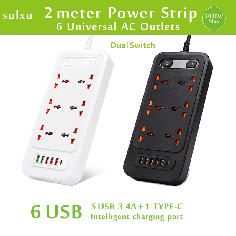 

Universal 6AC Outlets dual control switch, multiple USB with Type-C charger power socket, 2-meter cable expansion power strip