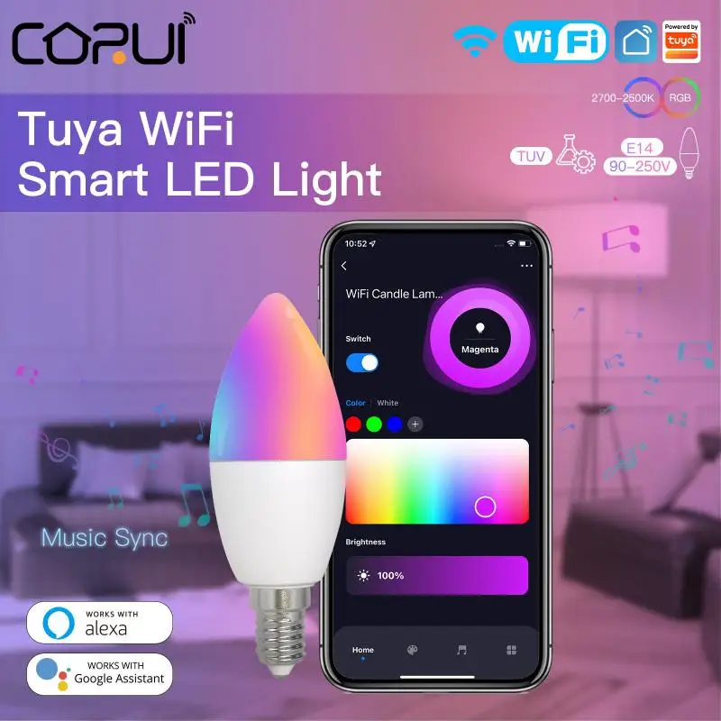 TUYA Smart WiFi E14 Candelabra RGB LED Light Bulb European Lightbulbs Alexa Lamp Google Home Yandex Alice Dimmable Voice Control
TUYA Smart WiFi E14 Candelabra RGB LED Light Bulb European Lightbulbs Alexa Lamp Google Home Yandex Alice Dimmable Voice Control